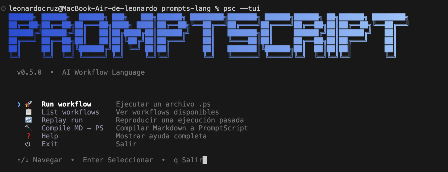 Interfaz TUI de PromptScript para navegar y ejecutar workflows desde terminal